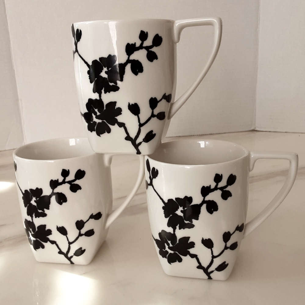 COVENTRY Fine Porcelain Mon Cheri Black | White Floral Coffee Mugs - 3